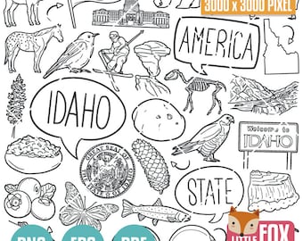 May include: A black and white line drawing illustration of various symbols and icons representing the state of Idaho. The illustration includes a moose, a bear, a state seal, a potato, a pine cone, a butterfly, a fish, a mountain range, a river, a state flag, a capitol building, a welcome sign, and the words "Idaho" and "America".
