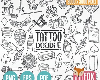 TATTOO STUDIO, ikonklotterverktyg clipart. Tatuerade ikoner clipart scrapbook set. Tatueringsmaskin handritad linjekonst design. Konstverk färgläggning.