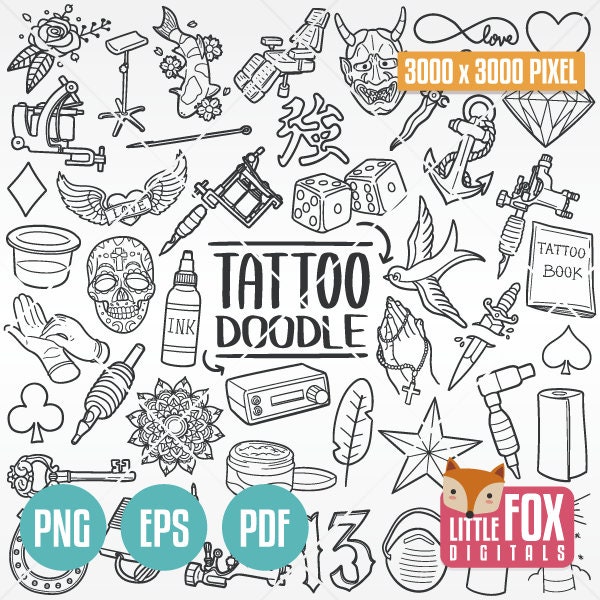 TATTOO STUDIO, Icon Doodle Tools Clip Art. Tattooed Icons Clipart Scrapbook Set. Tattoo Machine Hand Draw Line Art Design. Kunstwerk Färbung.