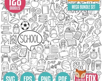 MEGA BUNDLE SCHULE svg Doodle Vektor-Icons. Illustration Clipart, Sammlungs-Set Hand gezeichnet Linie Kunst, Design Clip Art Färbung Skizze.