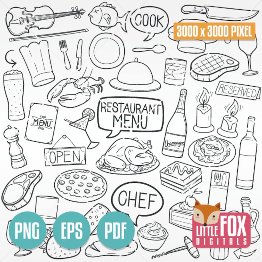 RESTAURANT, Doodle Vector Icons. Menu Food Doodle Icons Clipart