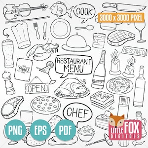RESTAURANT, Gekritzelvektorikonen. Menü Essen Doodle Icons Clipart Scrapbook Set Färbung. Handgezeichnetes Set Scribble Sketch Line Art Design.