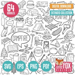 キャンプファイヤー SVG、落書きベクター アイコン。ファイヤー キャンプ デー フォレスト ファミリー フレンズ ホリデー 落書きアイコン クリップアート。アートワーク カラーリング スケッチ、SVG カットを設定します。