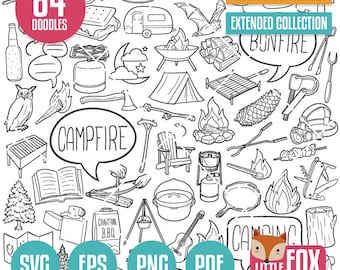 Iconos vectoriales tipo doodle para fogatas. Iconos de campamento, día de fogata, bosque, familia, amigos, vacaciones. Conjunto de ilustraciones para colorear, bocetos, corte SVG.