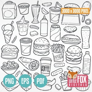 BURGERMENU, menu fastfoodrestaurant. Doodle pictogrammen clipart plakboek set kleuren hand tekening zeer fijne tekeningen Krabbel ontwerp handgetekende png