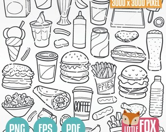 MENU BURGERÓW, Restauracja Fast Food. Doodle Icons Clipart Scrapbook Set Kolorowanka Rysunek odręczny Grafika liniowa Projekt Bazgrołów Ręcznie Rysowane PNG