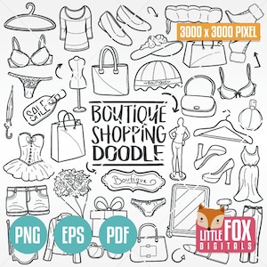 FRENCH BOUTIQUE Shopping, Woman Shop Traditional Doodle Icons. Clipart Scrapbook Set Hand Drawn Line Art Design Set Artwork  Coloring.