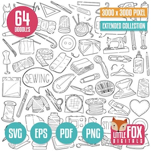 CUCITO, SVG doodle icona vettore. Ricamo Strumenti Doodle. Ago Strumenti Icone Clipart. Cucito Set Artigianato Mano Schizzo Linea Arte Disegnato a mano.