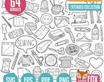 Könnte beinhalten: Eine Schwarzweißillustration von 64 Näh-Doodle, darunter eine Nähmaschine, Schere, Garn, Knöpfe, Nadeln und Stoff. Der Text "64 DOODLES" und "NÄHEN" ist im Bild enthalten.