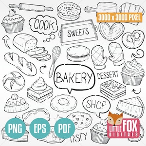 BAKKERIJ. doodle vector iconen. Shop desserts en snoepjes eten oma doodle iconen clipart. Set kleuren handgetekende gebakschets Krabbel.