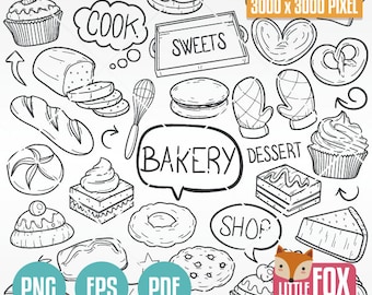 Bakery Doodle Vector Icons: Desserts & Sweets Clipart (PNG, EPS, PDF)