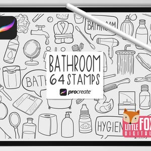 BADKAMERSTEMPELS, voortplantingsborstels, hygiënepictogrammen, handtoilet WC-symbolenbundel doodles. Bad Clipart digitale planner plakboek kleuren.