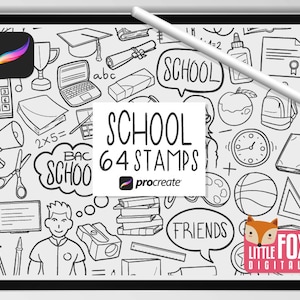 SCHOOL STAMPS, Procreate Brushes, Classroom, Back to School Icons, Bundle Teacher Doodles. Digital Sticker Planner Scrapbooking Set.