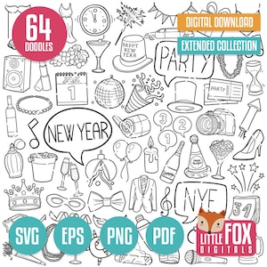 NOUVEL AN SVG, icônes vectorielles de griffonnage de fête. Fête de Noël Doodle Icônes Clipart. Oeuvre à Colorier Croquis Dessiné À La Main Scribble.