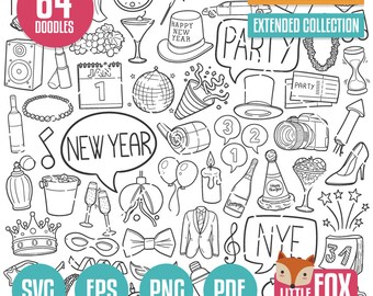 SVG de AÑO NUEVO, iconos vectoriales de fiesta. Clipart de iconos de fiesta de celebración navideña. Ilustración para colorear, dibujar a mano, dibujar y garabatear.