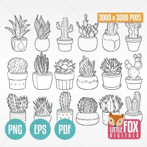 Cactus y suculentas, iconos vectoriales de doodle. Iconos de doodle de macetas, clipart, álbum de recortes. Set de bocetos para colorear, diseño de arte lineal dibujado a mano.