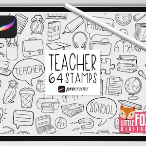 CARIMBOS PARA PROFESSORES, pincéis para Procreate, sala de aula, ícones escolares, rabiscos para estudos em grupo. Conjunto de planejador digital de adesivos para alunos e scrapbooking.
