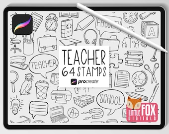 TEACHER STAMPS, Procreate Brushes, Classroom, School Icons, Bundle Studies Doodles. Student Digital Sticker Planner Scrapbooking Set.