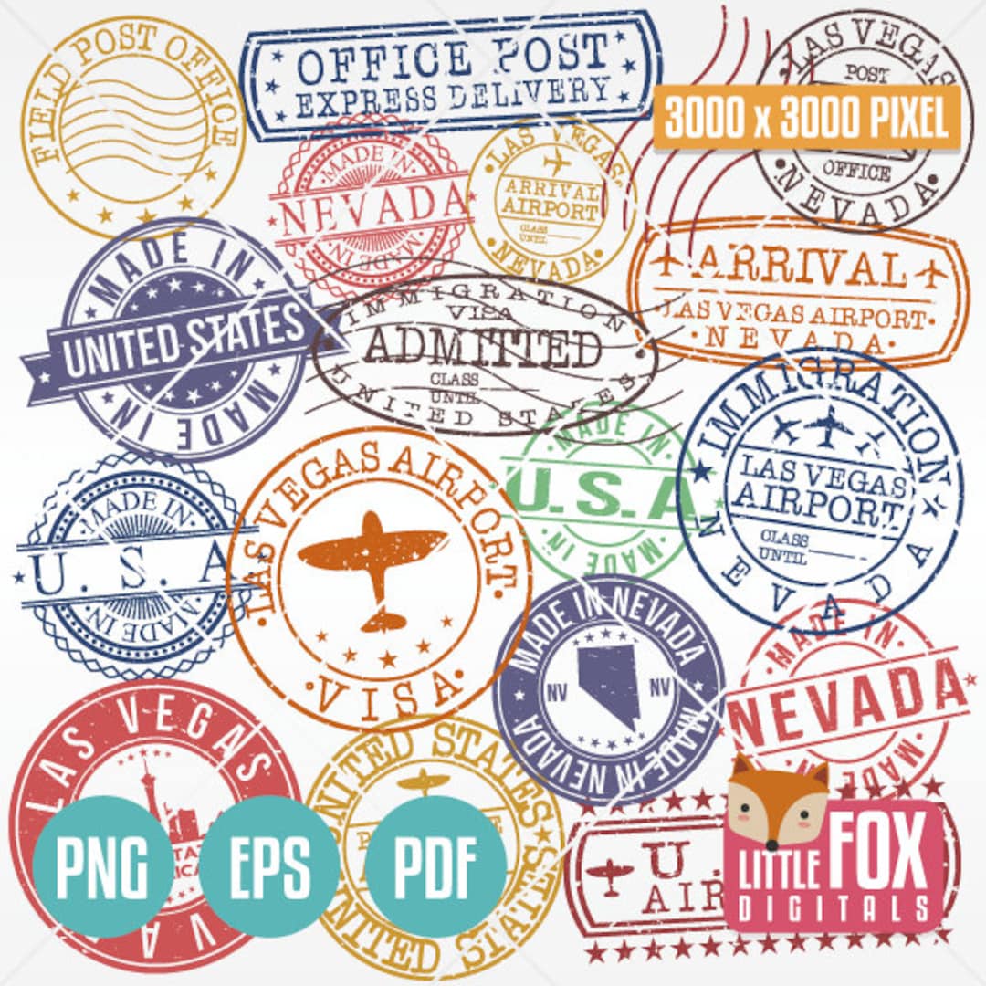 Las VEGAS NEVADA, USA Set of Stamps. Made Seal. Travel Passport Postage