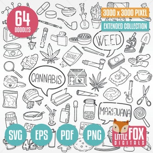 CANNABIS, SVG Feuille fumée Marihuana médicinale. Marijuana CBD Doodle Weed Clipart Scrapbooking Set Art dessiné à la main Design oeuvre 420 Thc.