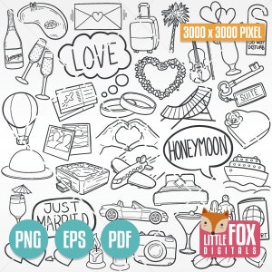 HONEYMOON TRAVEL doodle ikona clipart. Miłość, Romantyczna Nowożeńcy. O miłości Para Clip art Rysowana ręcznie linia Sztuka Projekt Kolorowanie Szkic.