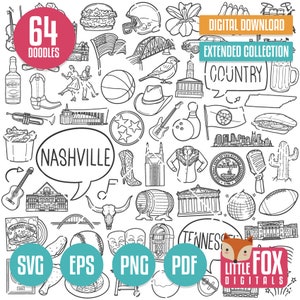 NASHVILLE SVG doodle vector iconen. Nashville stadsgebouw clipart. Toerisme TN kleurlijn. Tennessee toerisme hand getrokken krabbel ontwerp.