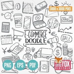 E-COMMERCE, Doodle Icons. Web Bussines Market Online Traditional Doodle Icons Clipart Scrapbook Set Hand Drawn Line Art Design Set Artwork.