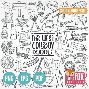 WILD WEST, Doodle Icons. Cowboy Farwest Western Adventure. Doodle Icons Clipart Scrapbook Set Coloring Line Art Design Collection Costume.