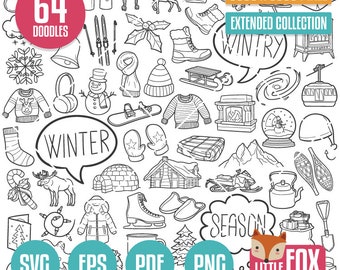 WINTER SVG, doodle vector icons. Winter Holidays Art Wintry Season Doodle Icons. Snow Clipart Scrapbook Coloring Scribble Sketch Design.
