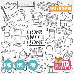 HOME SWEET HOME, Doodle Iconos. House Doodle Icons Clipart Scrapbook Set Coloring Hand Drawn Set Sketch Scribble Scrapbooking Design Art.