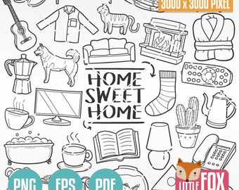 May include: Black and white line art doodle illustration of home-related items, including a couch, fireplace, slippers, a book, a coffee cup, a TV, a dog, a cactus, a house, a sock, a remote control, a phone, a lamp, a bath tub, a guitar, a robe, a bed, a coffee pot, a book, a popcorn bucket, a fish bowl, a key, a pair of slippers, a shirt, a tiger, and the text "Home Sweet Home".