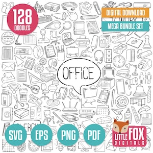 May include: A black and white digital download graphic set featuring 128 office-themed doodles. Includes icons of office supplies, technology, and communication tools. Text includes "OFFICE", "DIGITAL DOWNLOAD MEGA BUNDLE SET", and "LITTLE FOX DIGITALS".