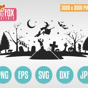 SCÈNE D'HALLOWEEN SVG. Conception découpable de scène. Camée silhouette. Silhouette Cricut. Couper la lime. Silhouette vecteur Halloween scène. Décalcomanie découpée.