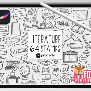 LITERATUR STEMPEL, Procreate Pinsel, Sprachsymbole, Bücher Doodles. Schule Thema Clipart Digitale Aufkleber Planer Scrapbook Set Färbung.