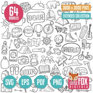 PASIÓN POR LOS VIAJES SVG. Iconos de Doodle de estilo de vida de viaje. Libro de recortes para colorear de imágenes prediseñadas de aventurero. Bosquejo del garabato dibujado del camping. Arte de línea de álbum de recortes.
