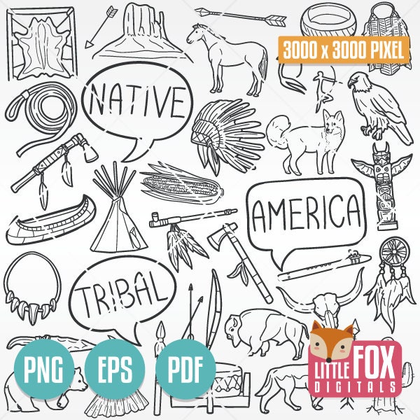 NATIVE AMERICAN, Doodle Icons. Indian Tribal Western Adventure. Doodle Icons Clipart Scrapbook Coloring Line Art Design Collection Costume.