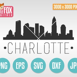 VECTOR SVG de Charlotte, Carolina del Norte, EE. UU. Horizonte de Charlotte recortado. Conjunto de imágenes prediseñadas de silueta de Charlotte. Álbum de recortes con ilustraciones de Charlotte.