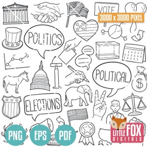 POLITICAL, United States of America Doodles. Politics Icons Patriotic Flag, Elections American, US Clipart Scrapbook, Symbols Set Coloring.