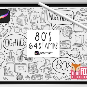 SELLOS de los 80, pinceles Procreate, iconos de los 80, garabatos de paquetes de los 80. Retro Nostalgia Ochenta Digital Sticker Planner Scrapbook Set para colorear.