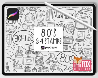 80s STAMPS, Procreate Brushes, 80's Icons, 1980s Bundle Doodles. Retro Nostalgia Eighties Digital Sticker Planner Scrapbook Set Coloring.