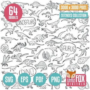 DINOSAURI, icone vettoriali SVG doodle. Dino animali preistorici doodle icone clipart. Disegno di linea disegnato a mano clip art schizzo da colorare.