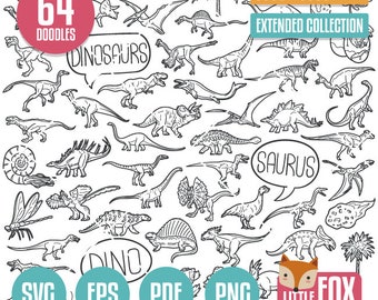 DINOSAURIER, SVG-Doodle-Symbole. Dino Prähistorische Tiere Doodle Icons Clipart. Handgezeichnet Linie Kunst Design Clip Art Färbung Skizze.