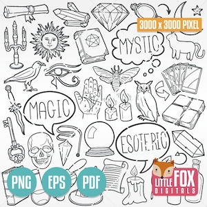Garabatos MÍSTICOS, MÁGICOS Y ESOTÉRICOS. Álbum de recortes con iconos mágicos de ocultismo y brujas. Diseño de línea dibujada a mano de Halloween misterioso para colorear.