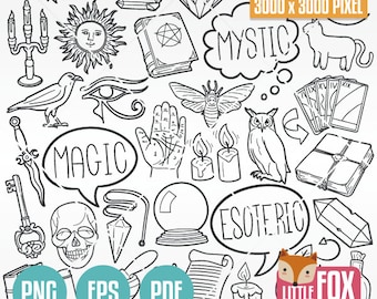 MYSTIC, MAGIC ESOTERIC Doodles. Witch Occultism Magic Icons Clipart Scrapbook. Mystery Halloween Hand Drawn Line Design Clip Art Coloring.