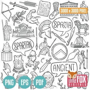 Histoire de Sparte, vecteurs d'icônes de l'Antiquité classique Doodle. Clipart d'icônes de griffonnage de conception grecque. Croquis clipart spartiate dessinés à la main.