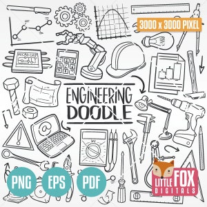 Ícones de ENGENHARIA doodle ícones. Engenheiro Doodle Ícones Clipart Scrapbook. Arte de linha desenhada à mão de tecnologia. Arte técnica Clip Art Coloração.