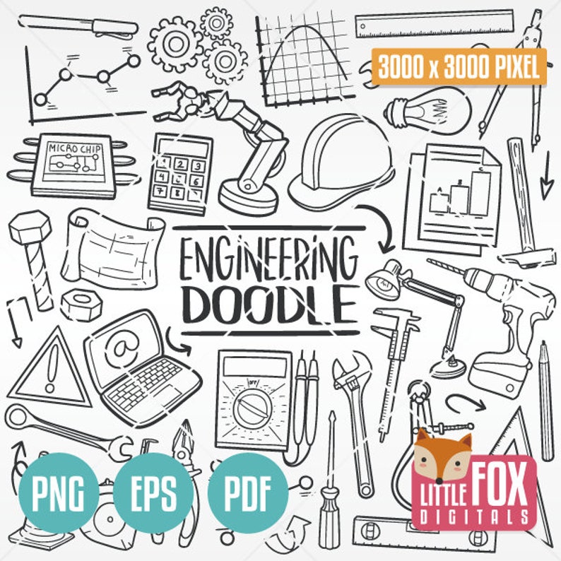 May include: Black and white line art doodle set of engineering tools and equipment. The set includes a wrench, screwdriver, hammer, pliers, a calculator, a light bulb, a hard hat, a ruler, a compass, a drill, a laptop, a circuit board, a graph, gears, and more. The text "ENGINEERING DOODLE" is included in the set.