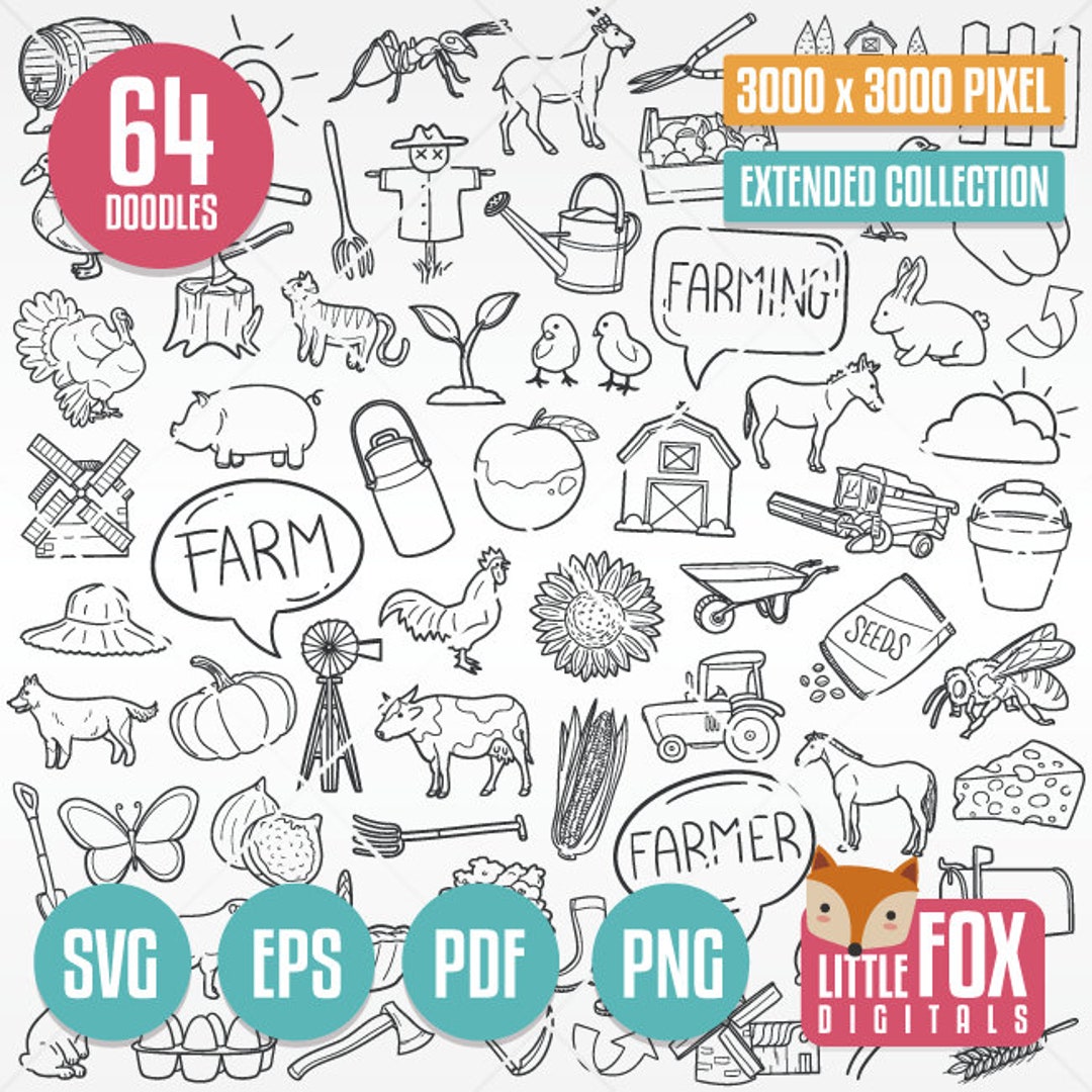FARM ANIMALS SVG, Doodle Vector Icons. Animals and Fruits Vegetables ...