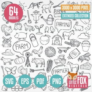 Bauernhof TIERE SVG, Doodle Vektor Icons. Tiere und Obst Gemüse Doodle Clipart Scrapbook Set Färbung Hand gezeichnet Line Art Scribble.