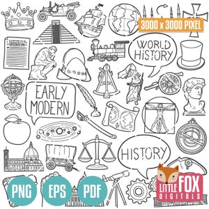 HISTORIA MODERNA TEMPRANA, Vectores de iconos de Doodle. Tema Escuela Diseño histórico. Renacimiento, Era de los descubrimientos, Ilustración, Revolución francesa